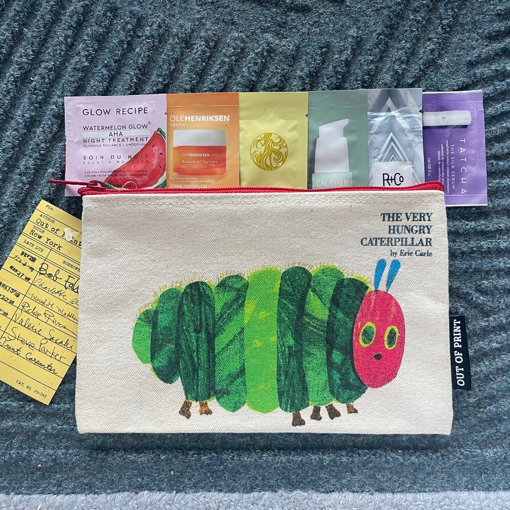 NWT The Very Hungry Caterpillar Canvas Pouch + 6 yummy skincare/haircare samples